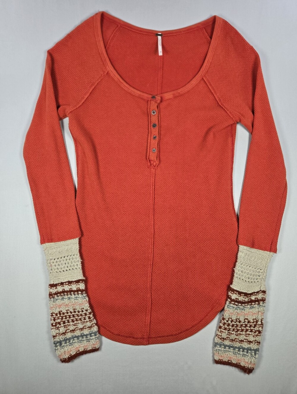 Free People Crimson Orange Alpine Newbie Ski Lodge Cuff Thermal Henley Top Small